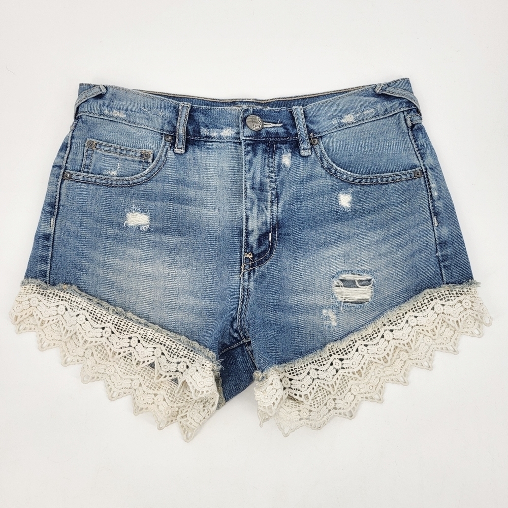 Free People Lace Trim Denim Shorts Distressed High Rise Waist Blue Jean 25